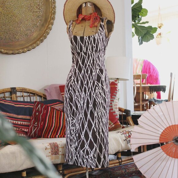 Y2K DVF Abstract fishnet print brown and white silk jersey scoop back dress - Picture 1 of 9